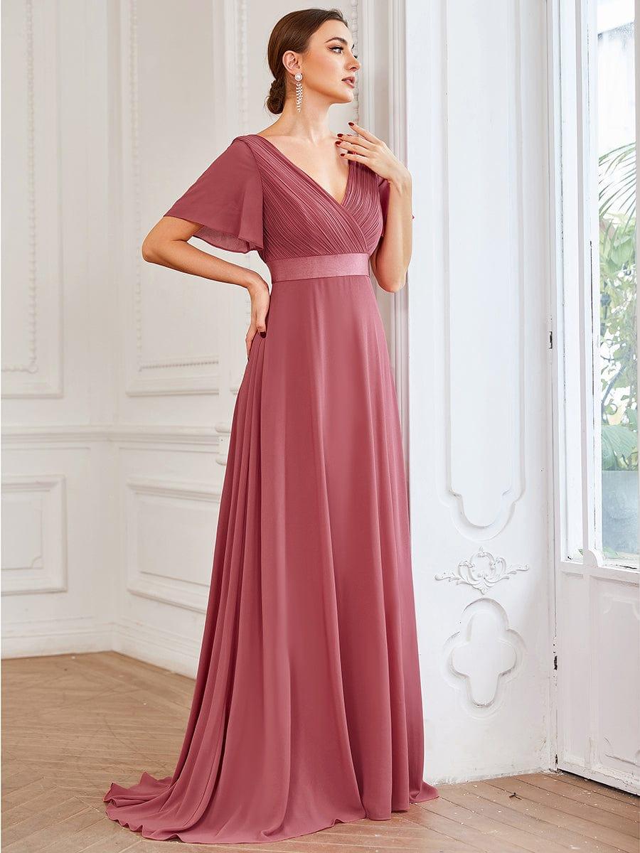 Long Chiffon Empire Waist Bridesmaid Dress with Short Flutter Sleeves #color_Cameo Brown