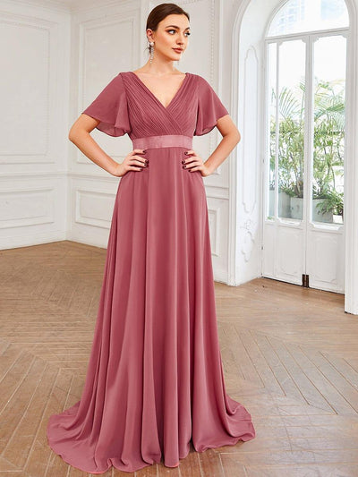 ever MONICA|Long Chiffon Empire Waist Bridesmaid Dress with Short Flutter Sleeves
