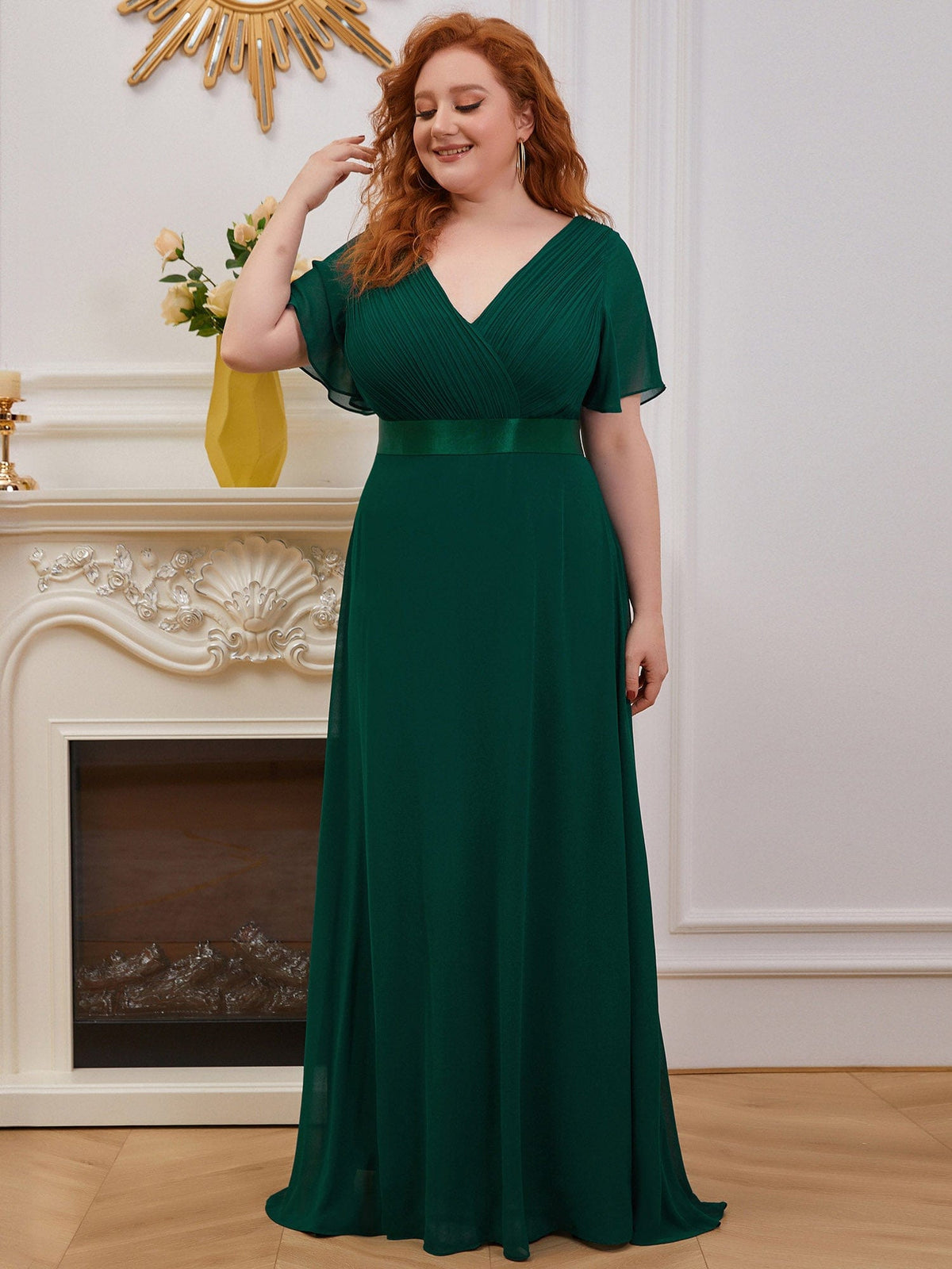 Custom Size Flutter Sleeves Chiffon Empire Waist Bridesmaid Dress #color_Dark Green