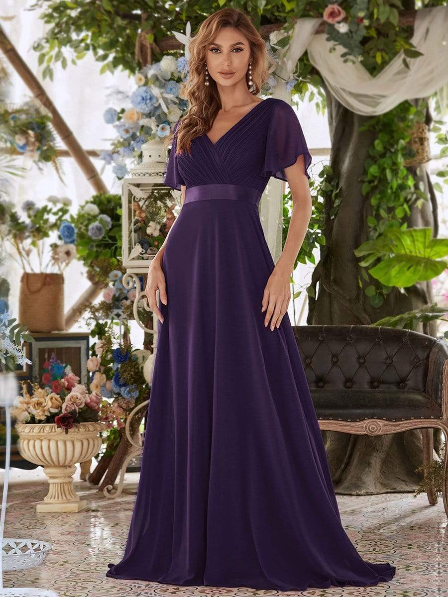 Long Chiffon Empire Waist Bridesmaid Dress with Short Flutter Sleeves #color_Dark Purple