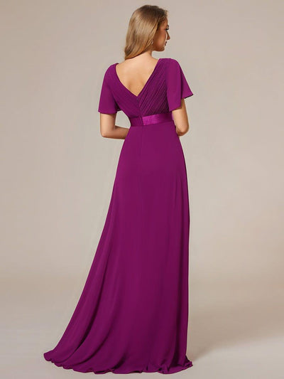 Long Chiffon Empire Waist Bridesmaid Dress with Short Flutter Sleeves #color_Fuchsia