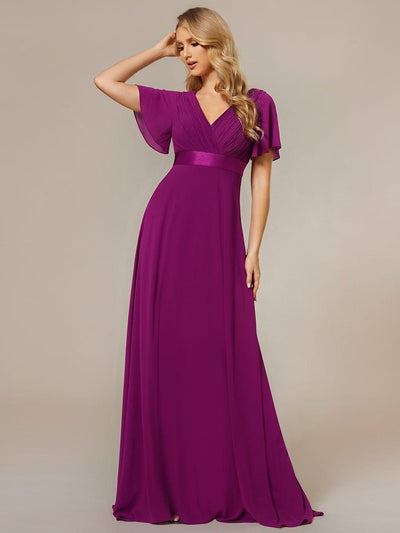 Long Chiffon Empire Waist Bridesmaid Dress with Short Flutter Sleeves #color_Fuchsia