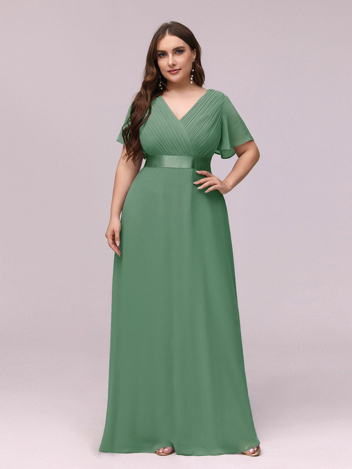 Custom Size Flutter Sleeves Chiffon Empire Waist Bridesmaid Dress #color_Green Bean