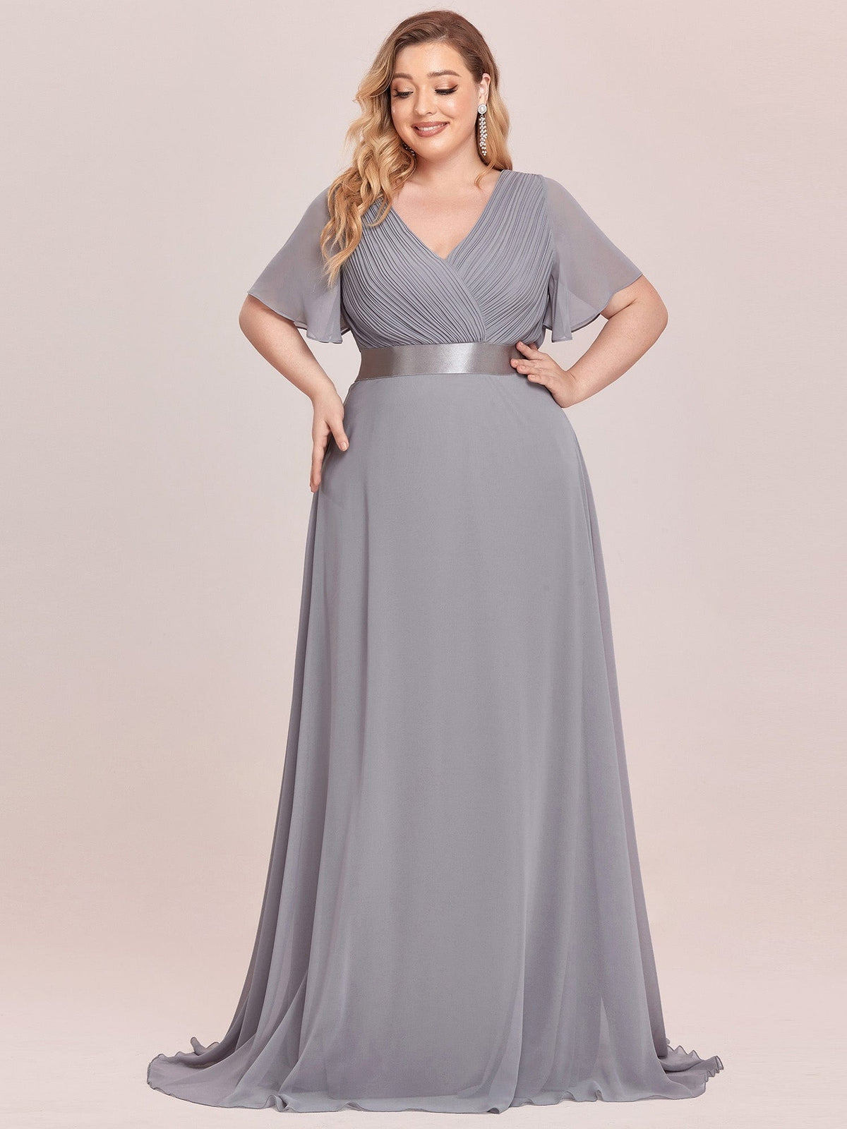 Custom Size Flutter Sleeves Chiffon Empire Waist Bridesmaid Dress #color_Grey