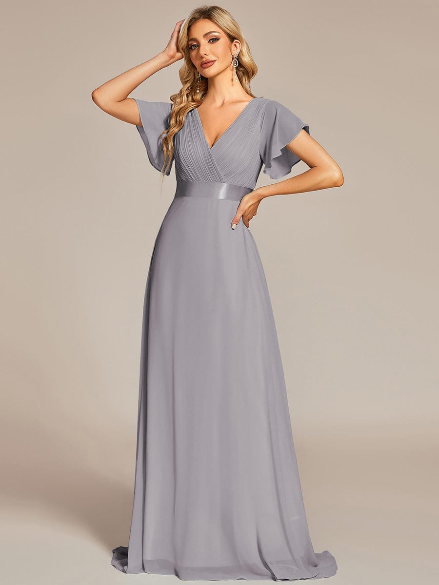 Long Chiffon Empire Waist Bridesmaid Dress with Short Flutter Sleeves #color_Grey