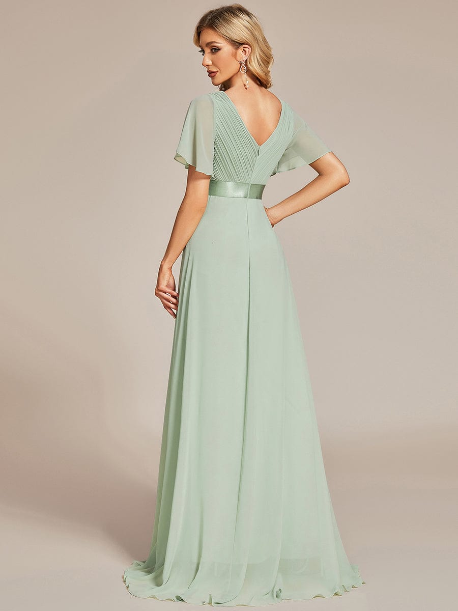 Long Chiffon Empire Waist Bridesmaid Dress with Short Flutter Sleeves #color_Mint Green