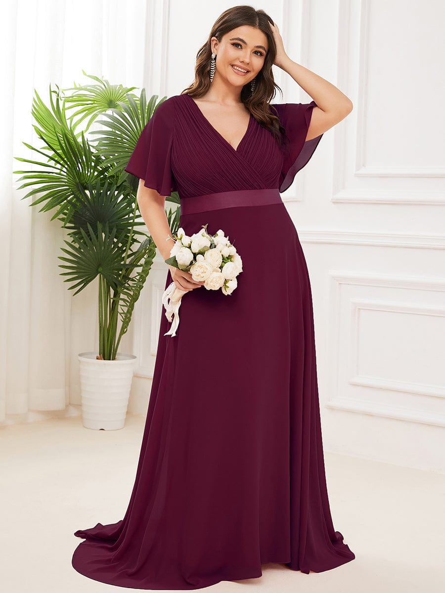 Plus Size Simple Empire Waist Flutter Sleeve Evening Dress #color_Mulberry