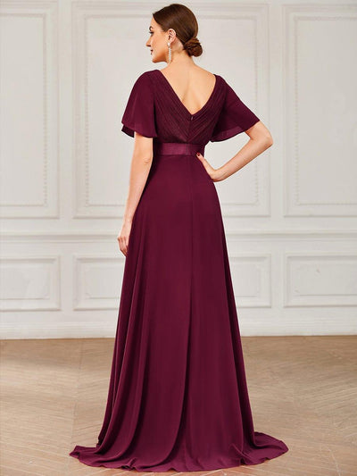 Long Chiffon Empire Waist Bridesmaid Dress with Short Flutter Sleeves #color_Mulberry