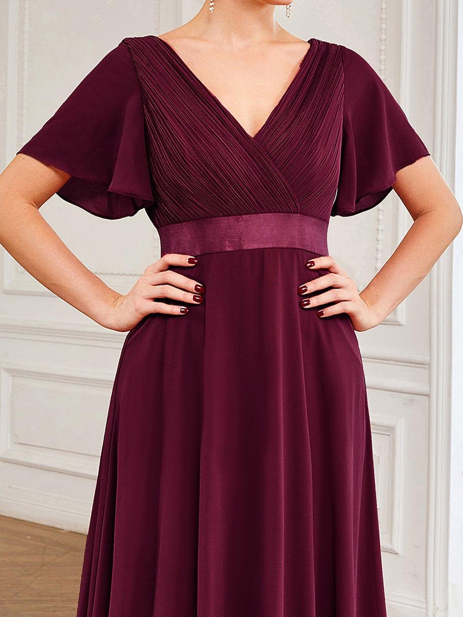 Long Chiffon Empire Waist Bridesmaid Dress with Short Flutter Sleeves #color_Mulberry
