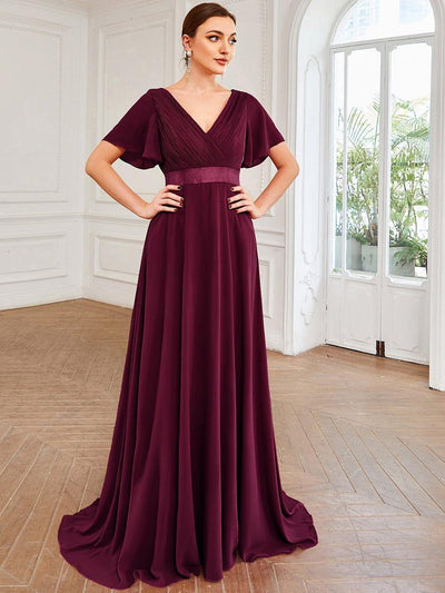 Long Chiffon Empire Waist Bridesmaid Dress with Short Flutter Sleeves #color_Mulberry