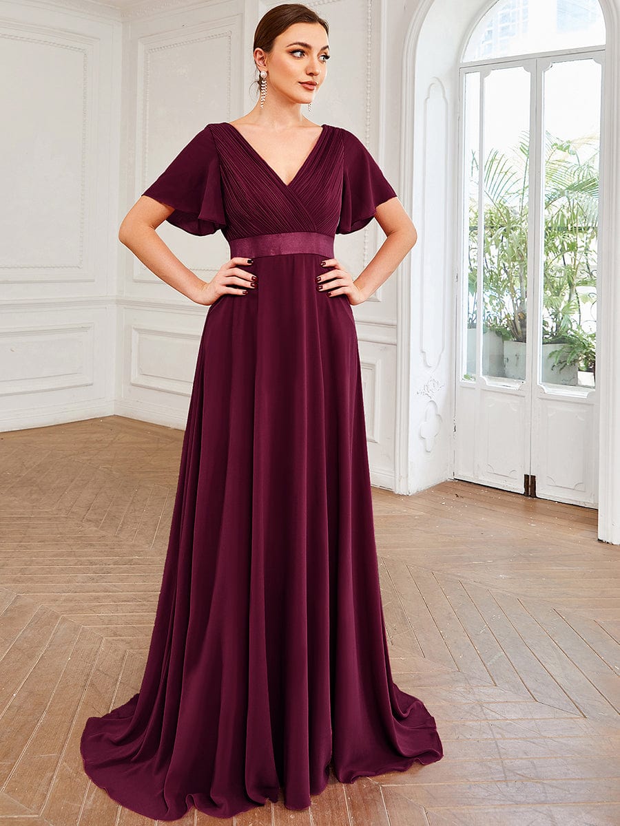 Flutter Sleeves Empire Waist Long Chiffon Evening Dress #color_Mulberry
