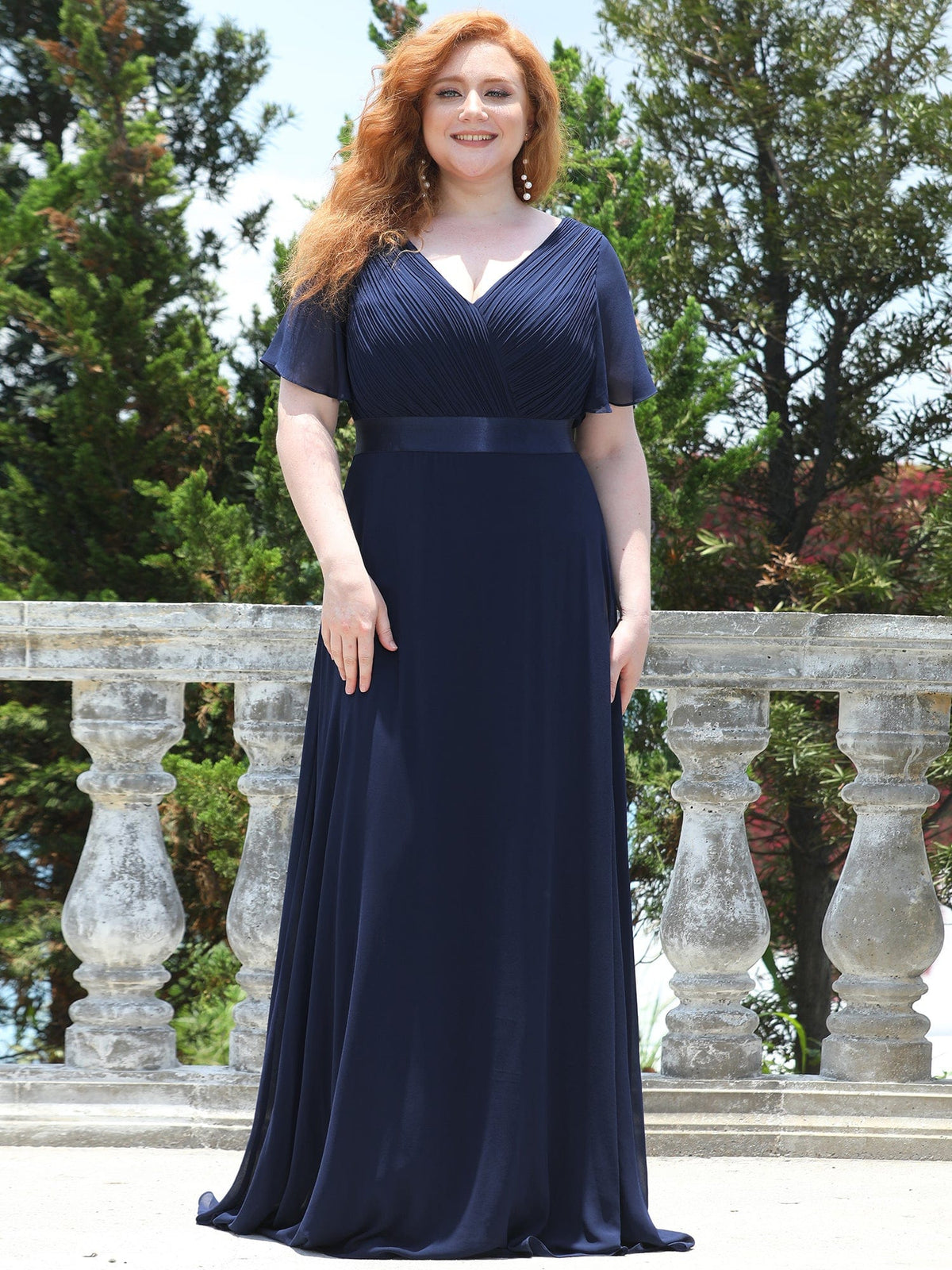 Custom Size Flutter Sleeves Chiffon Empire Waist Bridesmaid Dress #color_Navy Blue