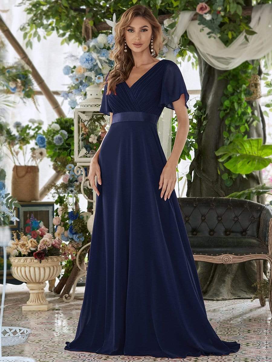 Long Chiffon Empire Waist Bridesmaid Dress with Short Flutter Sleeves #color_Navy Blue