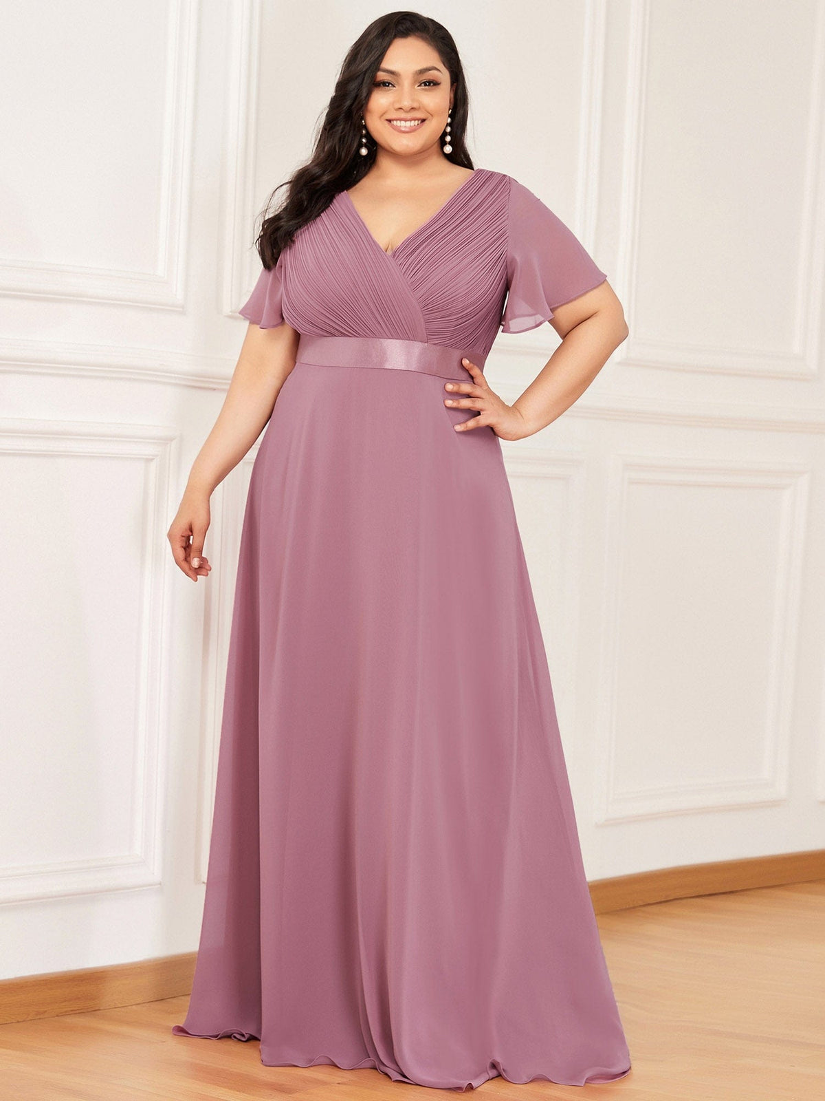 Custom Size Flutter Sleeves Chiffon Empire Waist Bridesmaid Dress #color_Purple Orchid
