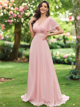 Long Chiffon Empire Waist Bridesmaid Dress with Short Flutter Sleeves #color_Pink