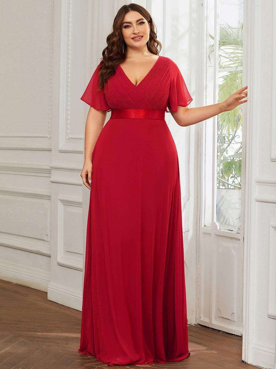 Long Chiffon Empire Waist Bridesmaid Dress with Short Flutter Sleeves #color_Red