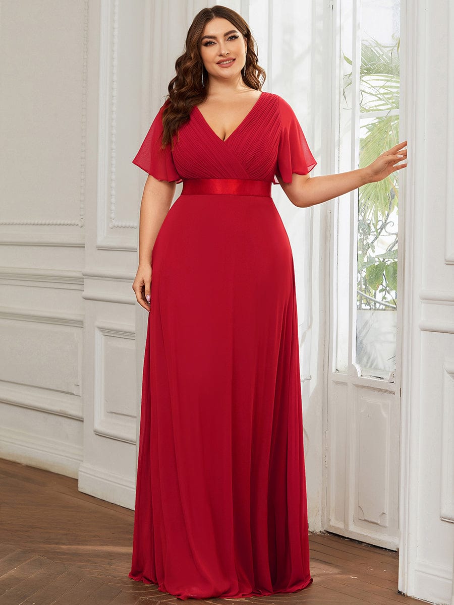 Plus Size Simple Empire Waist Flutter Sleeve Evening Dress #color_Red