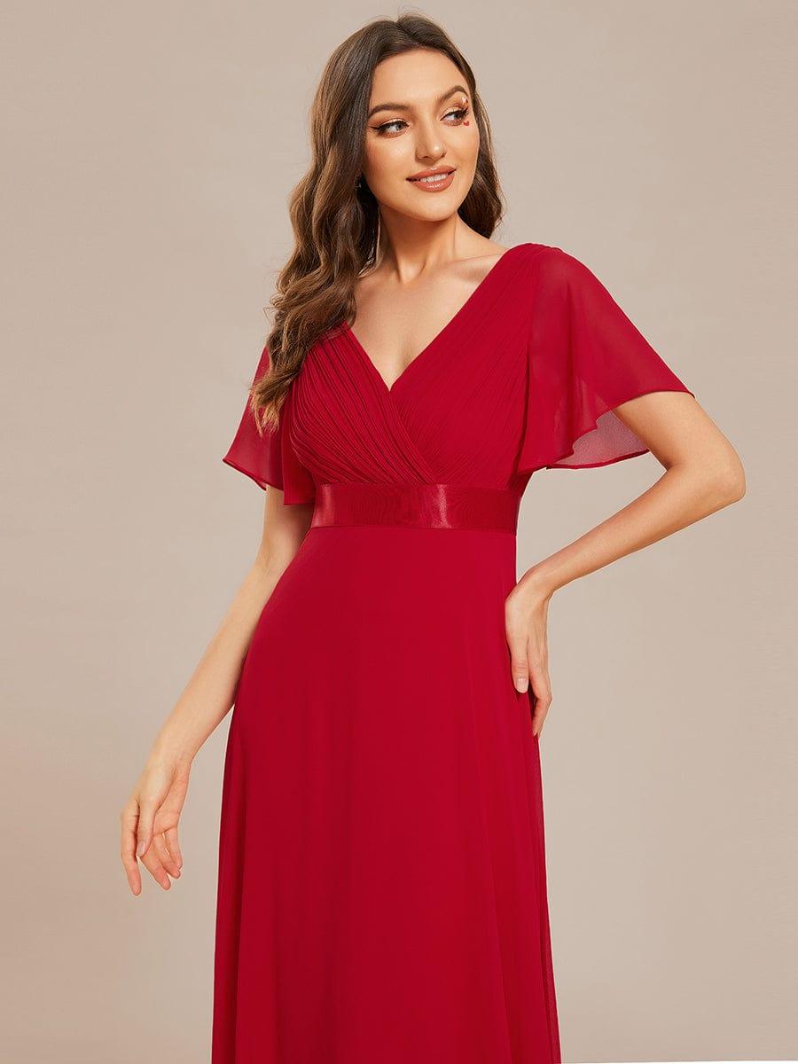 Long Chiffon Empire Waist Bridesmaid Dress with Short Flutter Sleeves #color_Red