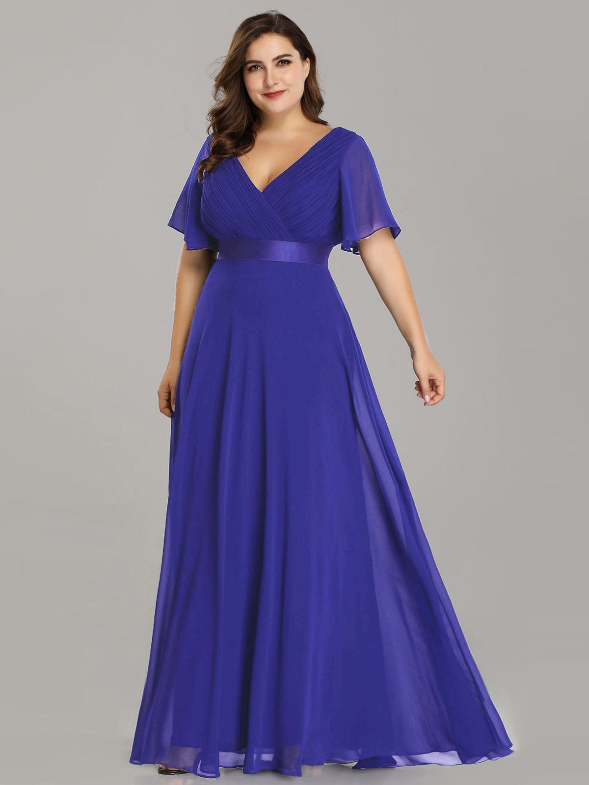 Custom Size Flutter Sleeves Chiffon Empire Waist Bridesmaid Dress #color_Sapphire Blue