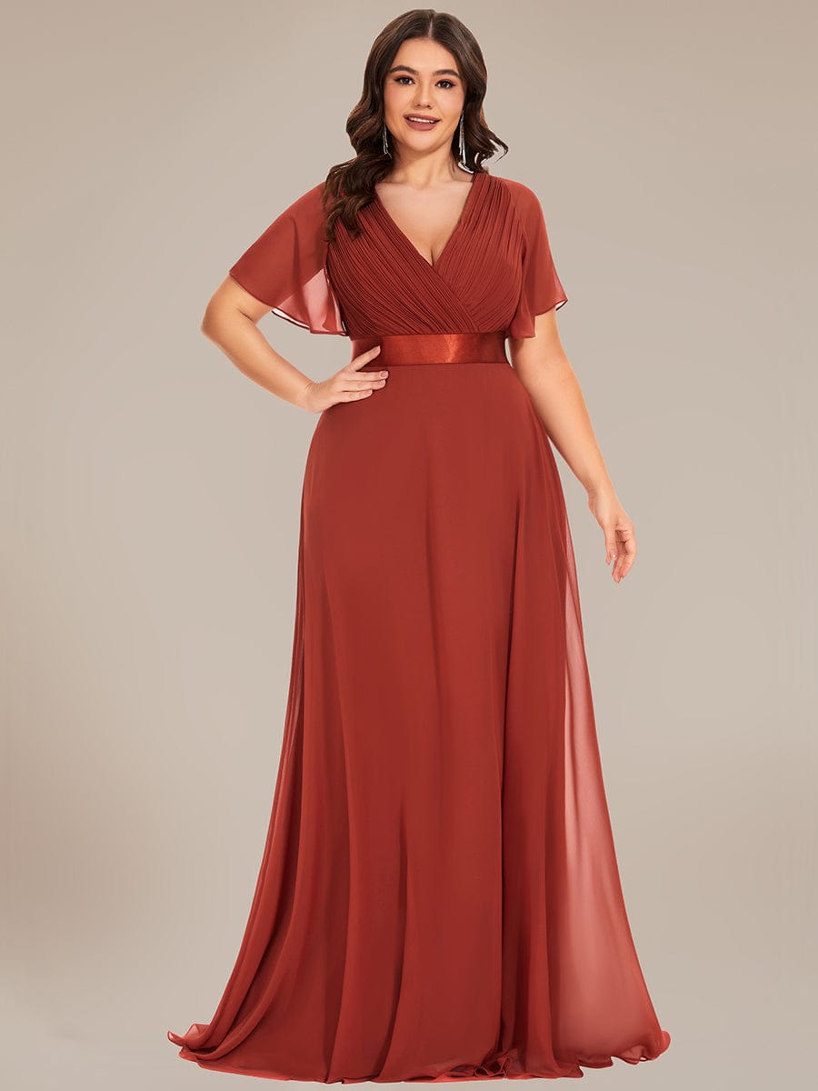 Plus Size Simple Empire Waist Flutter Sleeve Evening Dress #color_Vermilion