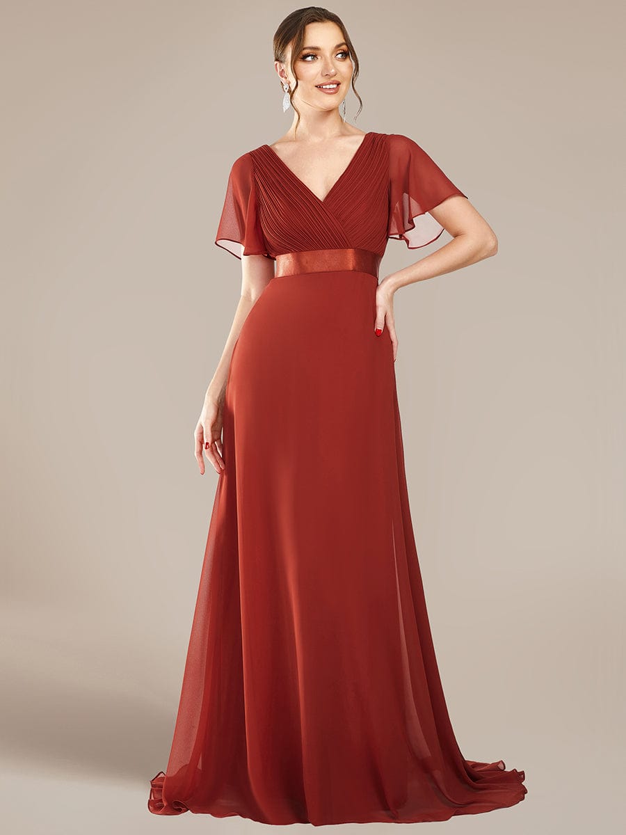 Flutter Sleeves Empire Waist Long Chiffon Evening Dress #color_Vermilion