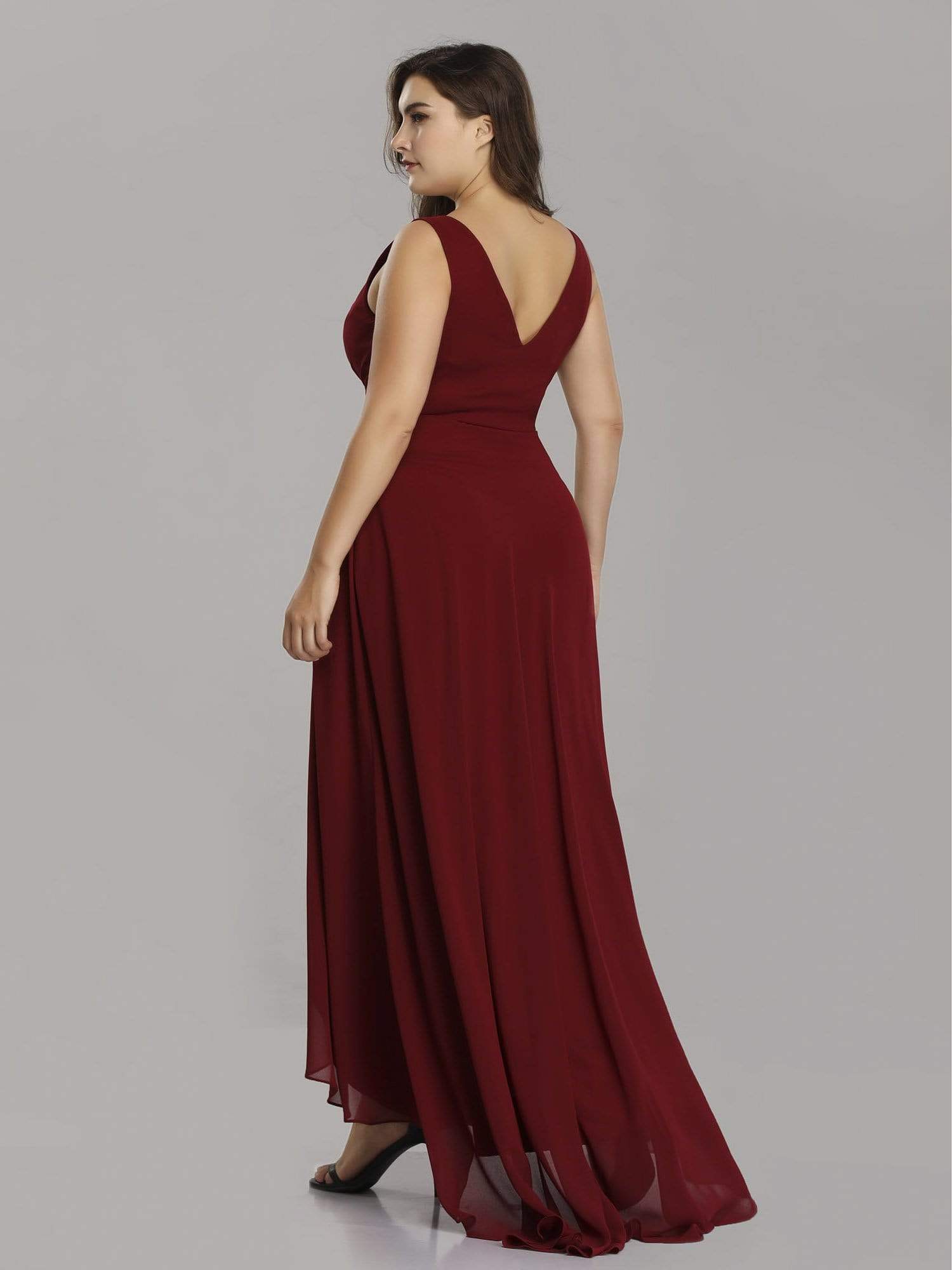 Plus Size Chiffon Formal V-Neck High-Low Cocktail Dress #color_Burgundy