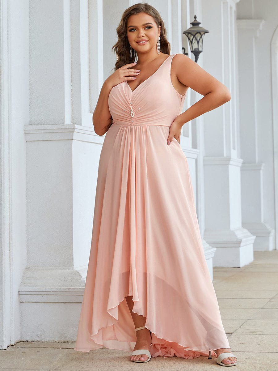 Plus Size Chiffon Formal V-Neck High-Low Cocktail Dress #color_Pink
