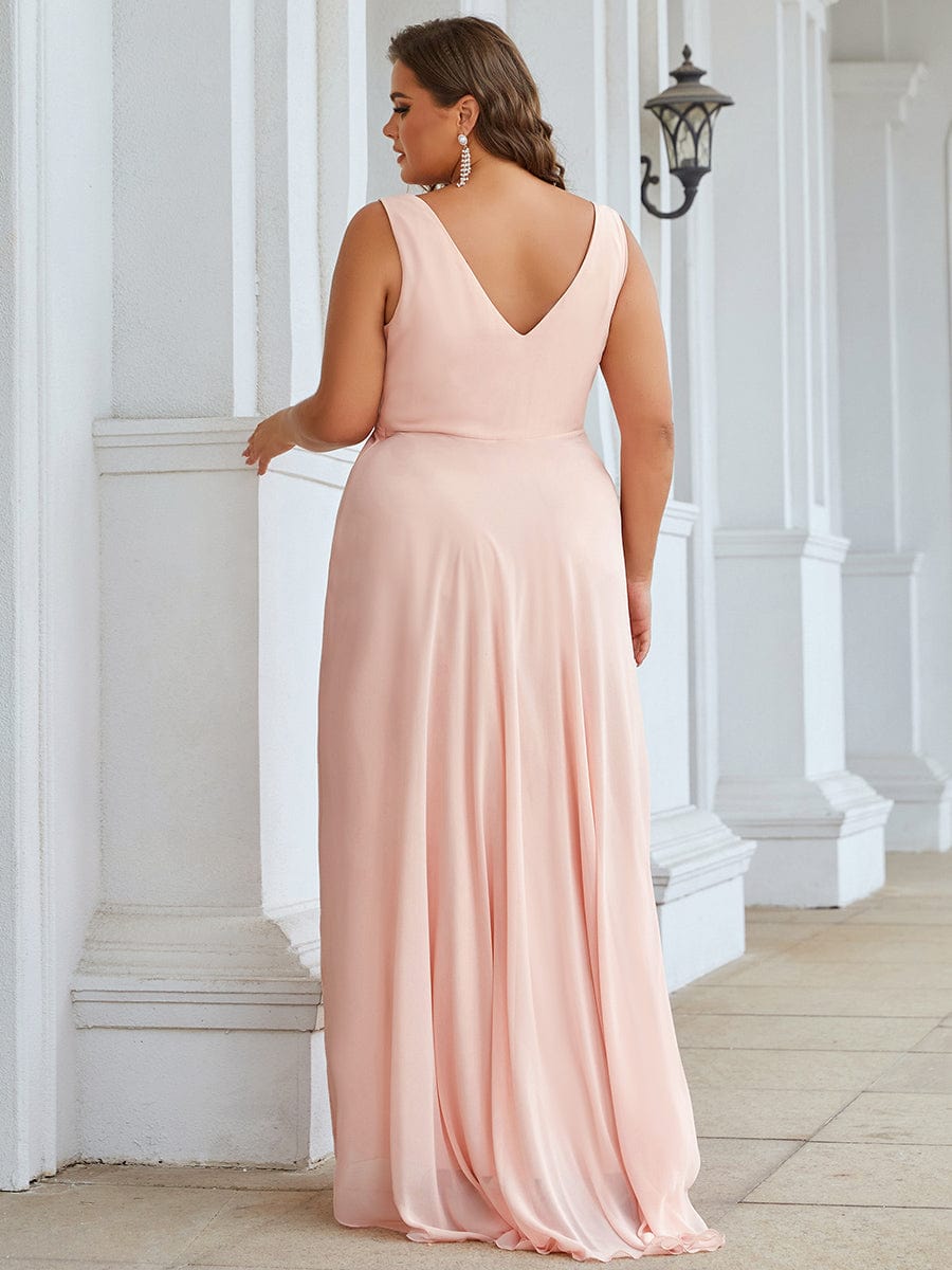 Plus Size Chiffon Formal V-Neck High-Low Cocktail Dress #color_Pink