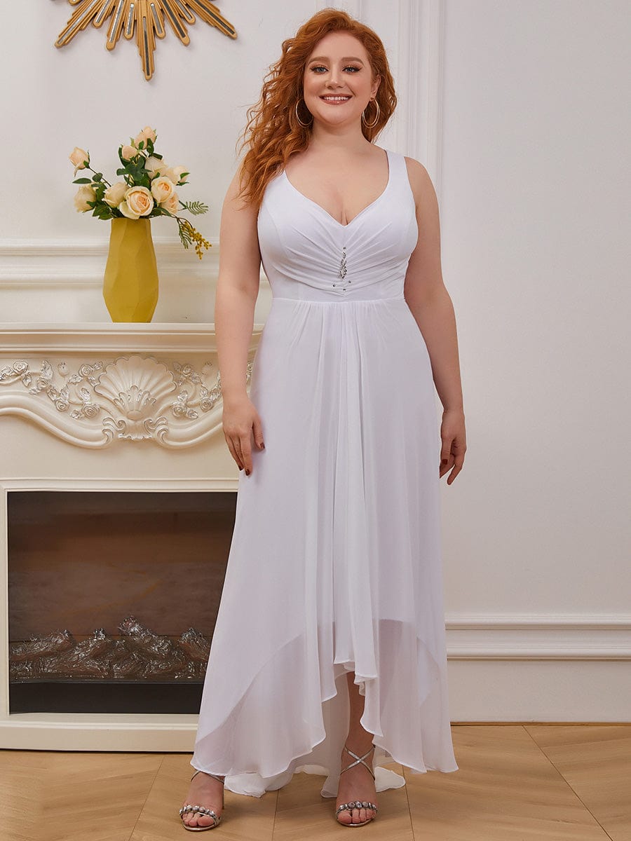 Custom Size V-Neck High-Low Chiffon Evening Party Dress #color_White