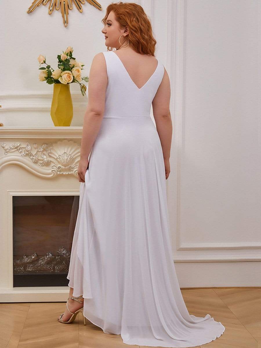 Plus Size Chiffon Formal V-Neck High-Low Cocktail Dress #color_White