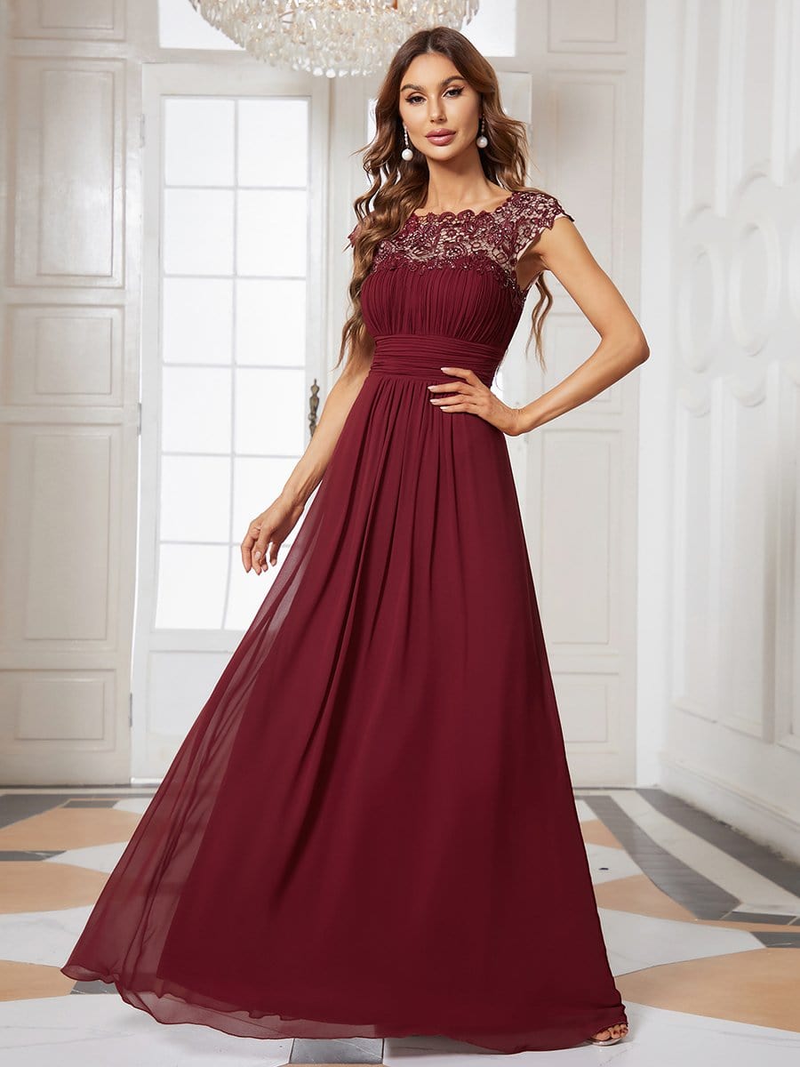 Elegant Lace Cap Sleeve Maxi Long Chiffon Bridesmaid Dress #color_Burgundy 
