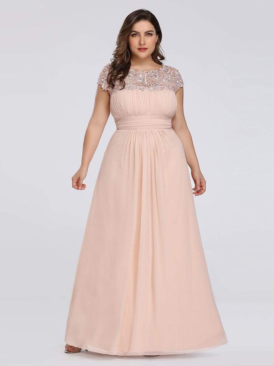 Plus Size Maxi Long Formal Lace Cap Sleeve Evening Dress #color_Blush 