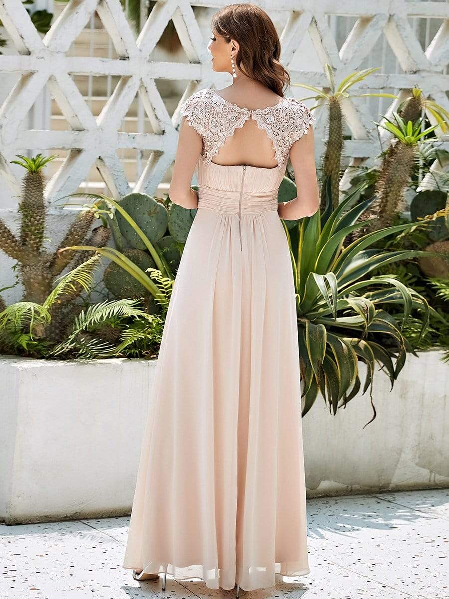 Elegant Maxi Long Lace Bridesmaid Dress with Cap Sleeve #color_Blush 