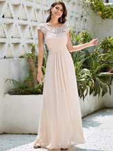 Elegant Maxi Long Lace Bridesmaid Dress with Cap Sleeve #color_Blush 