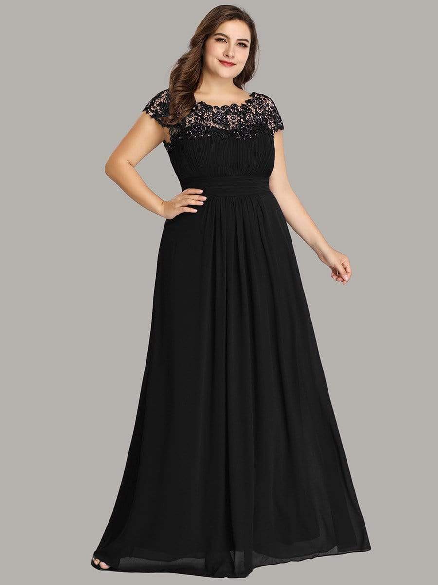 Plus Size Maxi Long Formal Lace Cap Sleeve Evening Dress #color_Black 