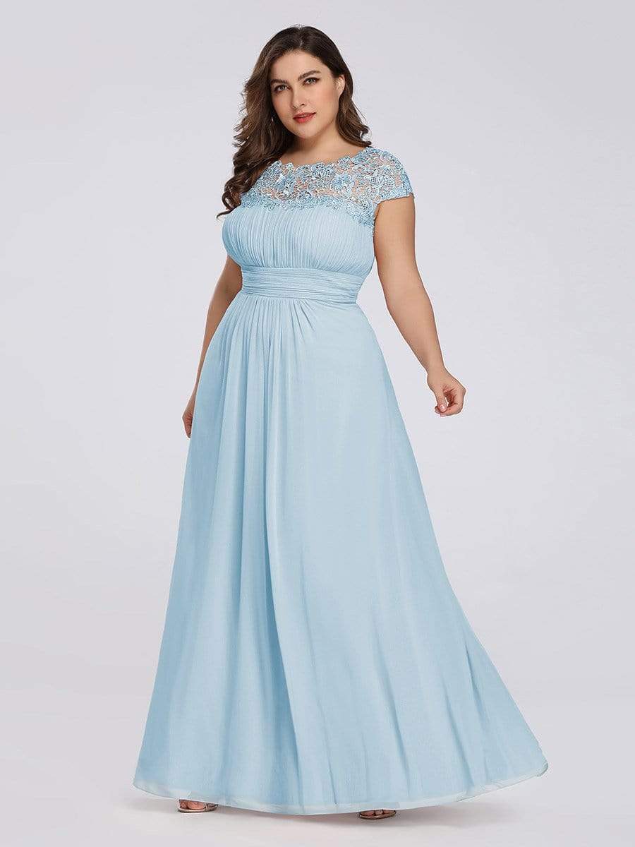 Plus Size Maxi Long Formal Lace Cap Sleeve Evening Dress #color_Sky Blue 