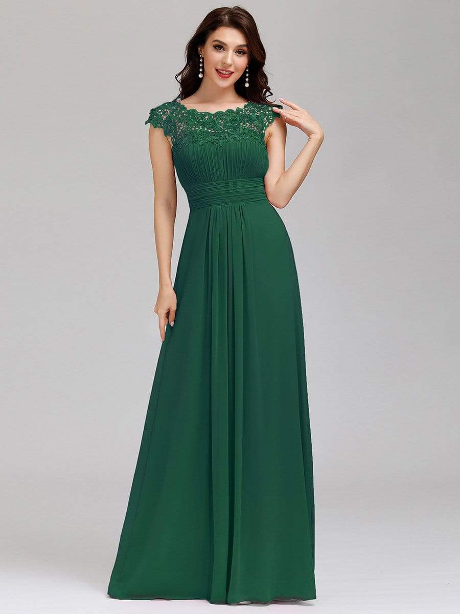 Elegant Lace Cap Sleeve Maxi Long Chiffon Bridesmaid Dress #color_Dark Green 