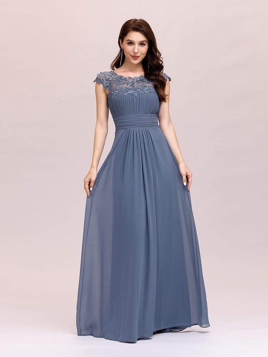 Elegant Maxi Long Lace Bridesmaid Dress with Cap Sleeve #color_Dusty Navy 