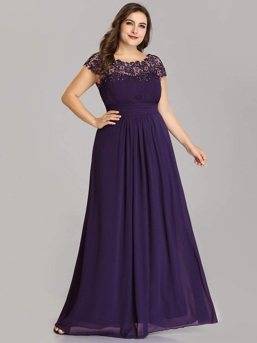 Plus Size Maxi Long Formal Lace Cap Sleeve Evening Dress #color_Dark Purple 