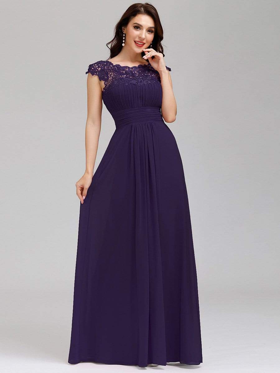 Elegant Lace Cap Sleeve Maxi Long Chiffon Bridesmaid Dress #color_Dark Purple 