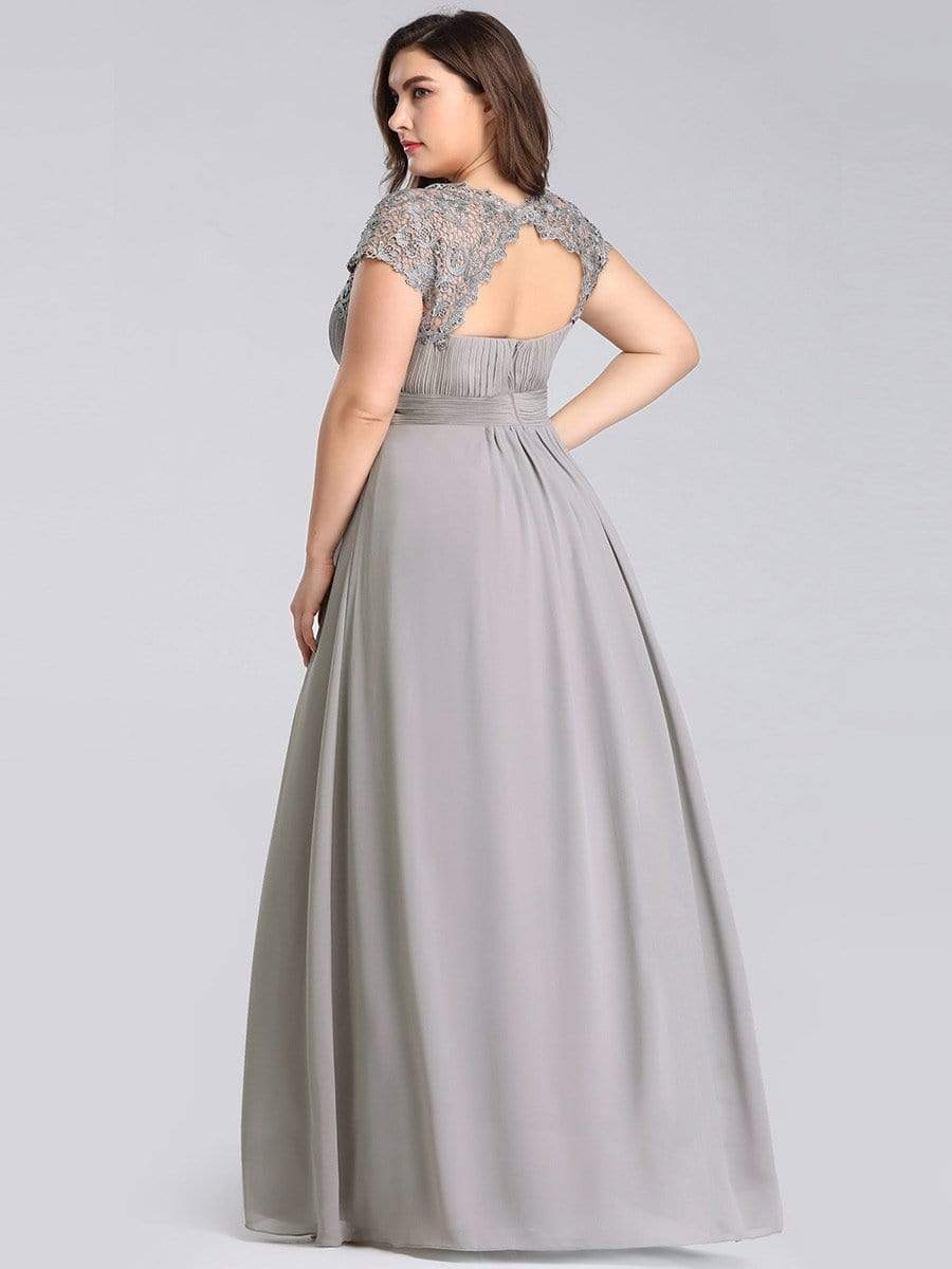 Plus Size Maxi Long Formal Lace Cap Sleeve Evening Dress #color_Grey 