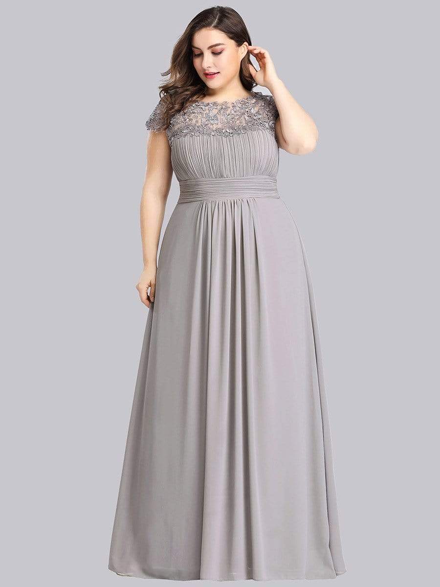 Plus Size Maxi Long Formal Lace Cap Sleeve Evening Dress #color_Grey 