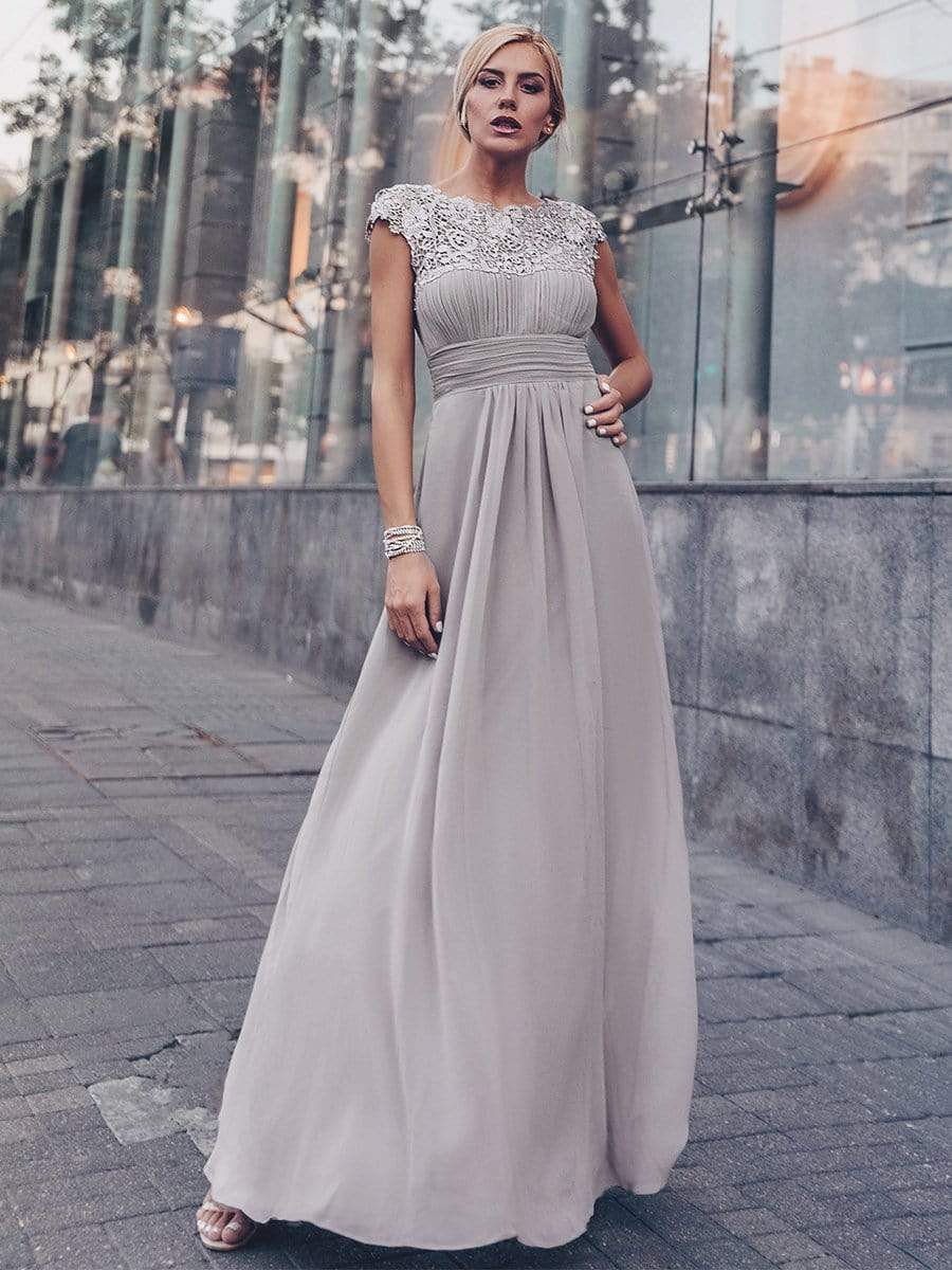 Elegant Lace Cap Sleeve Maxi Long Chiffon Bridesmaid Dress #color_Grey 
