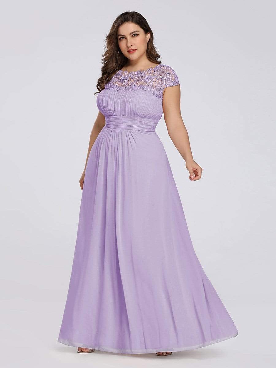 Plus Size Maxi Long Formal Lace Cap Sleeve Evening Dress #color_Lavender 