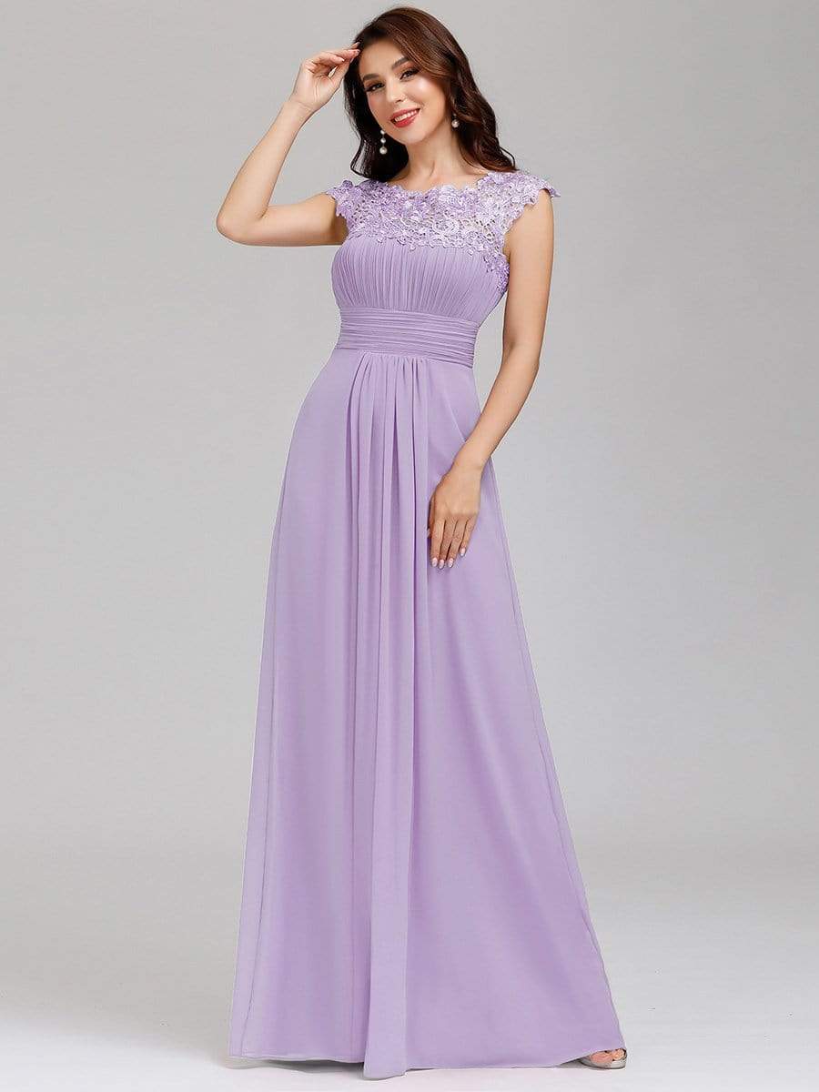 Elegant Maxi Long Lace Bridesmaid Dress with Cap Sleeve #color_Lavender 
