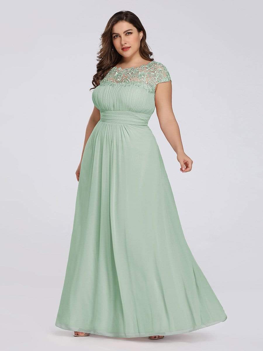 Plus Size Maxi Long Formal Lace Cap Sleeve Evening Dress #color_Mint Green 