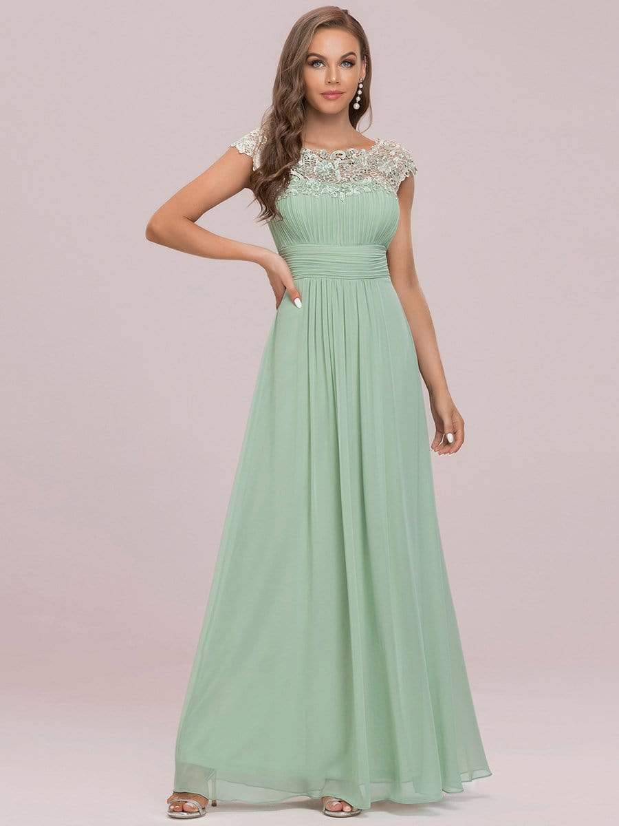 Elegant Lace Cap Sleeve Maxi Long Chiffon Bridesmaid Dress #color_Mint Green 