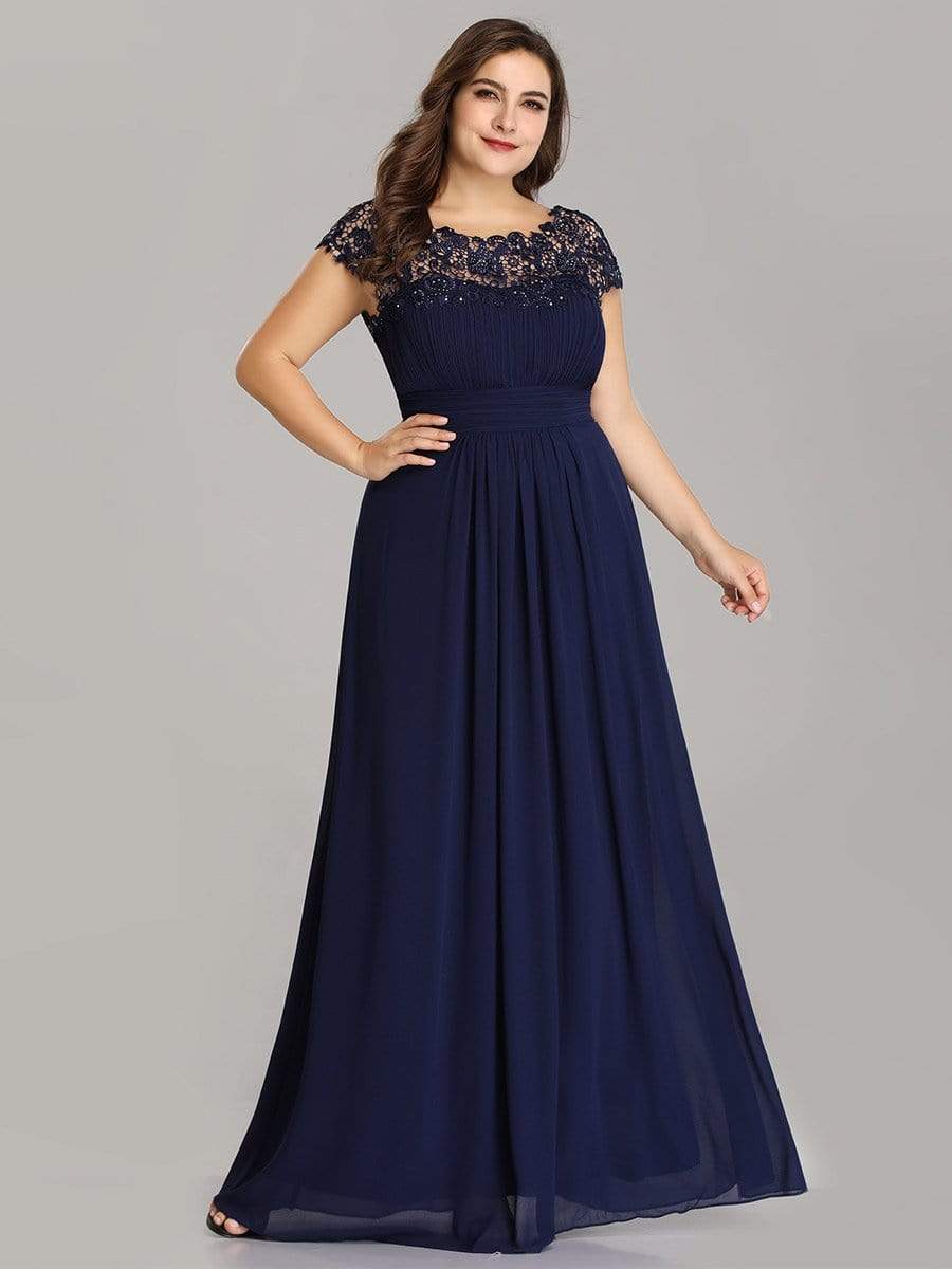 Plus Size Maxi Long Formal Lace Cap Sleeve Evening Dress #color_Navy Blue 