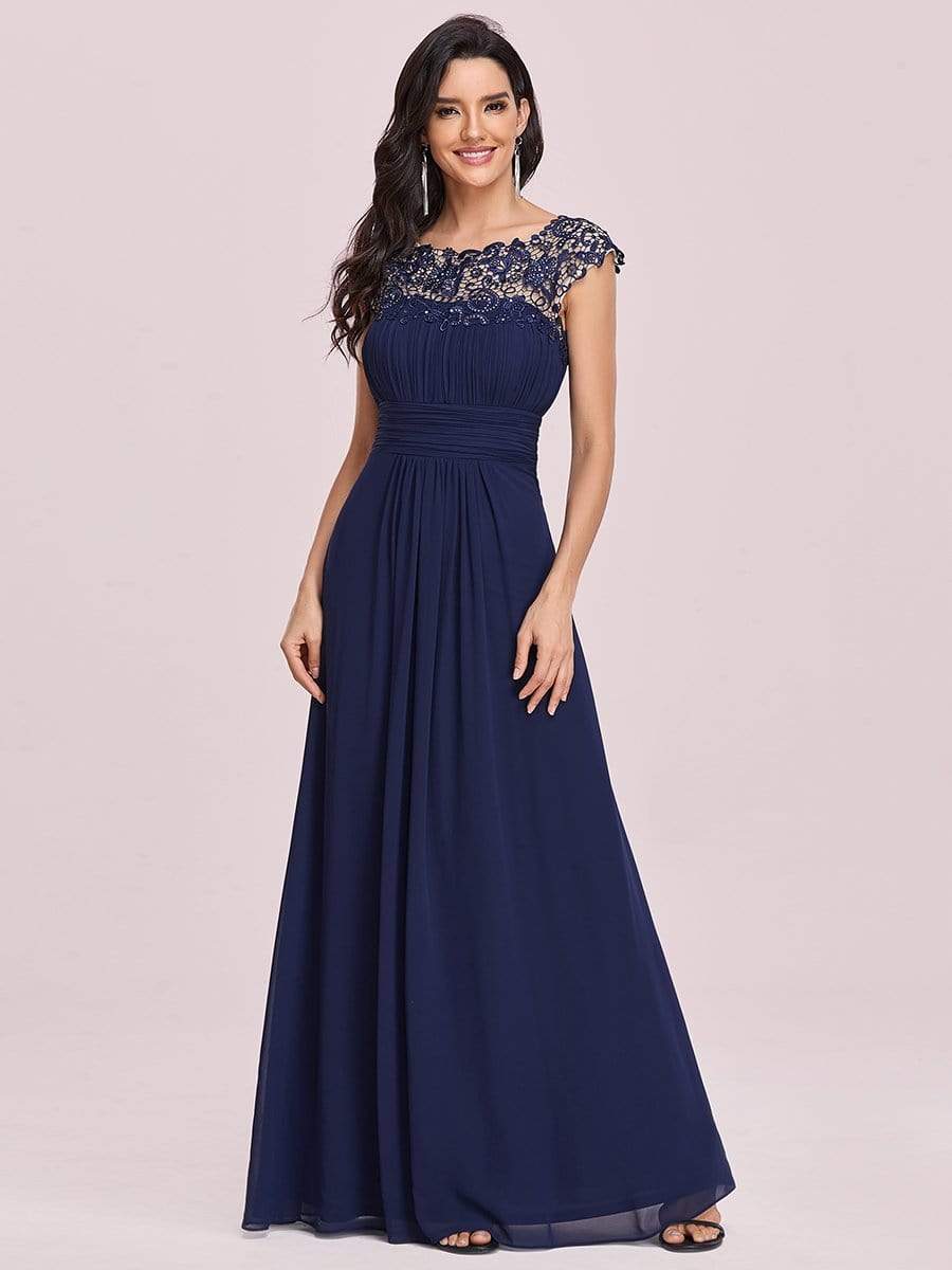 Elegant Maxi Long Lace Bridesmaid Dress with Cap Sleeve #color_Navy Blue 