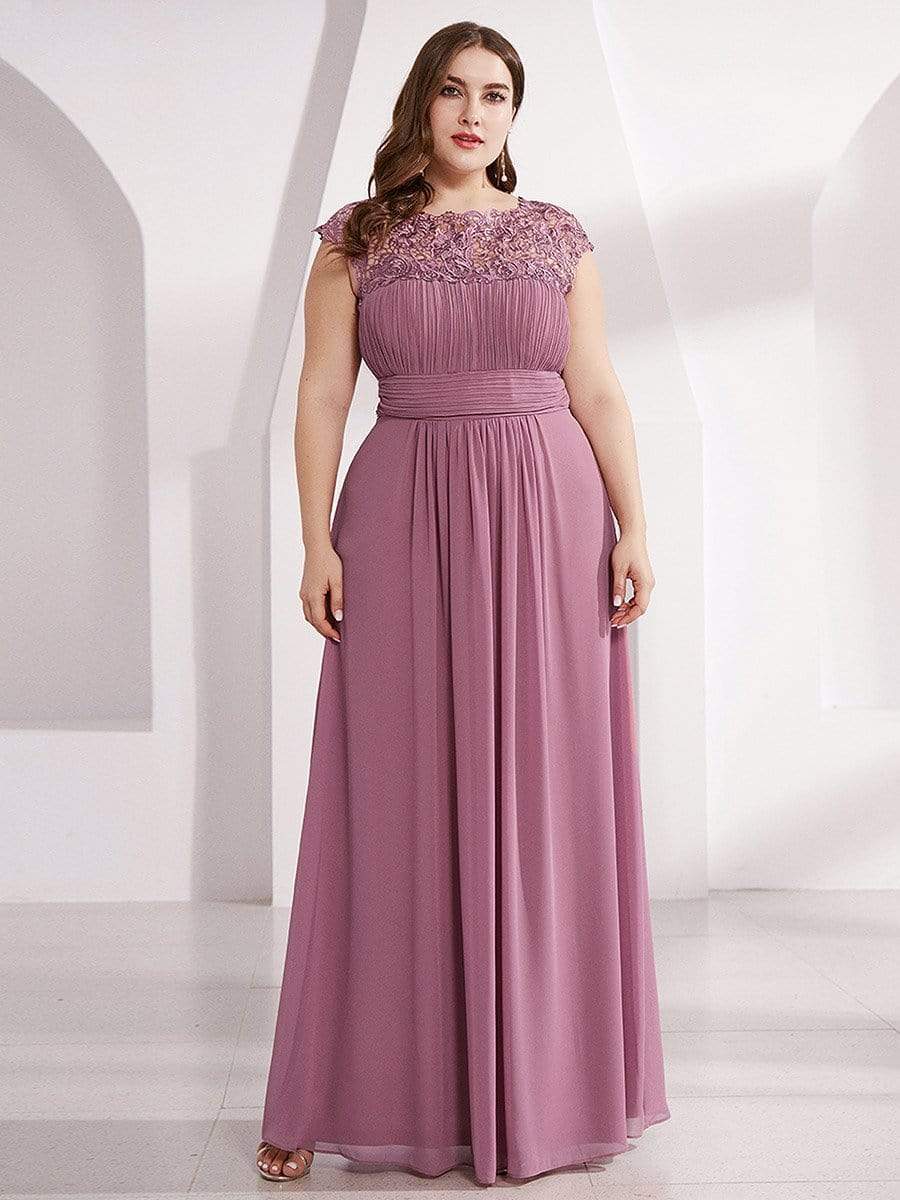 Plus Size Maxi Long Formal Lace Cap Sleeve Evening Dress #color_Purple Orchid 